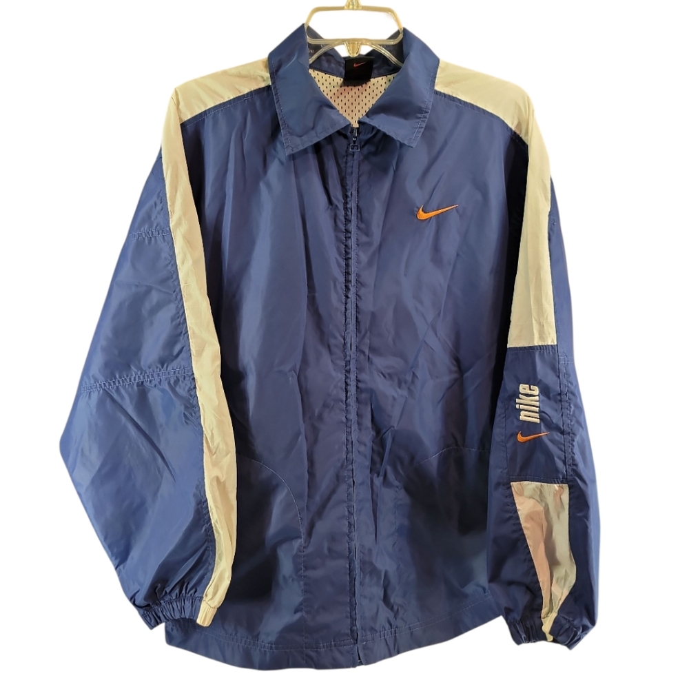 Nike jacket vintage youth XL (18-20) nylon blue w white shoulder sleeve stripe